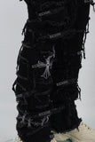 Printed Embroidered Ripped Black Stack Jeans