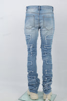 Printed Embroidered Ripped Blue Stack Jeans