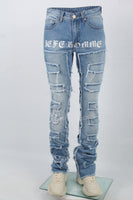 Printed Embroidered Ripped Blue Stack Jeans