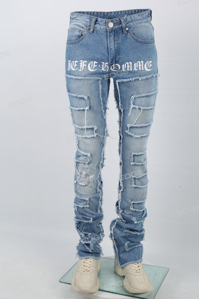 Printed Embroidered Ripped Blue Stack Jeans