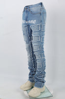 Printed Embroidered Ripped Blue Stack Jeans