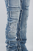 Printed Embroidered Ripped Blue Stack Jeans