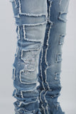 Printed Embroidered Ripped Blue Stack Jeans