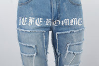 Printed Embroidered Ripped Blue Stack Jeans