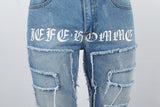 Printed Embroidered Ripped Blue Stack Jeans