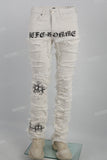 J22374 White Embroidered Ripped Mans Stack Jeans