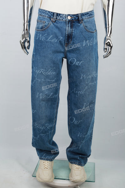 Custom Logo Laser Printing Blue Wash Baggy Jeans