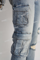 blue distressed flare bottom stacked men jeans with embroidery