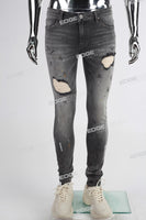 Grey Scratch Distressed Ripped Paint Splatters Skinny Jeans Men