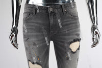 Grey Scratch Distressed Ripped Paint Splatters Skinny Jeans Men