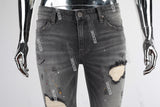 Grey Scratch Distressed Ripped Paint Splatters Skinny Jeans Men