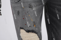 Grey Scratch Distressed Ripped Paint Splatters Skinny Jeans Men