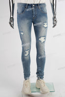 Blue Plain Distressed Skinny Jeans Men