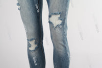 Blue Plain Distressed Skinny Jeans Men