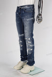 blue ripped men jeans with embroidery logo