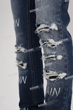 blue ripped men jeans with embroidery logo