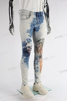 withe and blue tie dye men jeans with screen printed