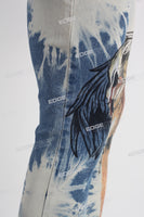 withe and blue tie dye men jeans with screen printed