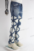 blue distressed flare bottom stacked men jeans