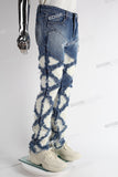 blue distressed flare bottom stacked men jeans