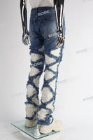blue distressed flare bottom stacked men jeans