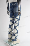 blue distressed flare bottom stacked men jeans