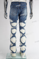 blue distressed flare bottom stacked men jeans