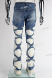 blue distressed flare bottom stacked men jeans