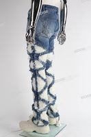 blue distressed flare bottom stacked men jeans