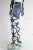 blue distressed flare bottom stacked men jeans