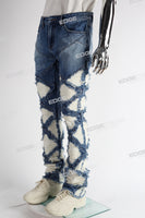 blue distressed flare bottom stacked men jeans