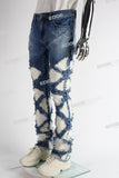 blue distressed flare bottom stacked men jeans