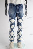 blue distressed flare bottom stacked men jeans