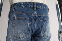 blue distressed flare bottom stacked men jeans