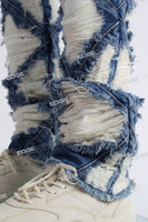 blue distressed flare bottom stacked men jeans