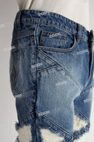 blue distressed flare bottom stacked men jeans
