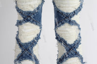 blue distressed flare bottom stacked men jeans