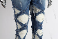blue distressed flare bottom stacked men jeans