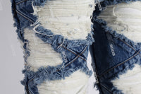 blue distressed flare bottom stacked men jeans