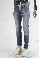 blue skinny men jeans with silver foil printed