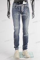 blue skinny men jeans with silver foil printed