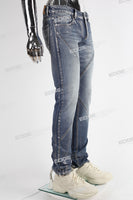 blue skinny men jeans with silver foil printed