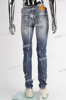 blue skinny men jeans with silver foil printed