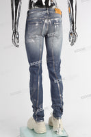 blue skinny men jeans with silver foil printed