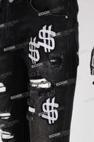black skinny men jeans with embroidery logo
