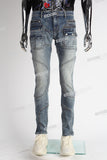 blue vintage cargo silm men jeans with mutil pockets