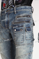 blue vintage cargo silm men jeans with mutil pockets