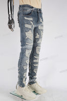 Blue Embroidery Distressed Jeans Men