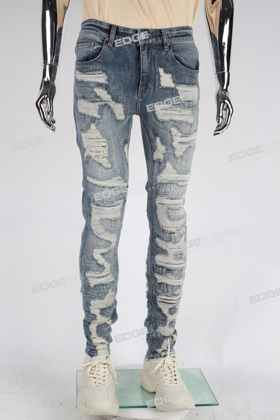 Blue Embroidery Distressed Jeans Men