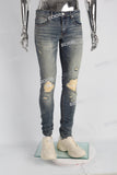 Blue Vintage Stretch Elastic Scratch Distressed Skinny Jeans Men